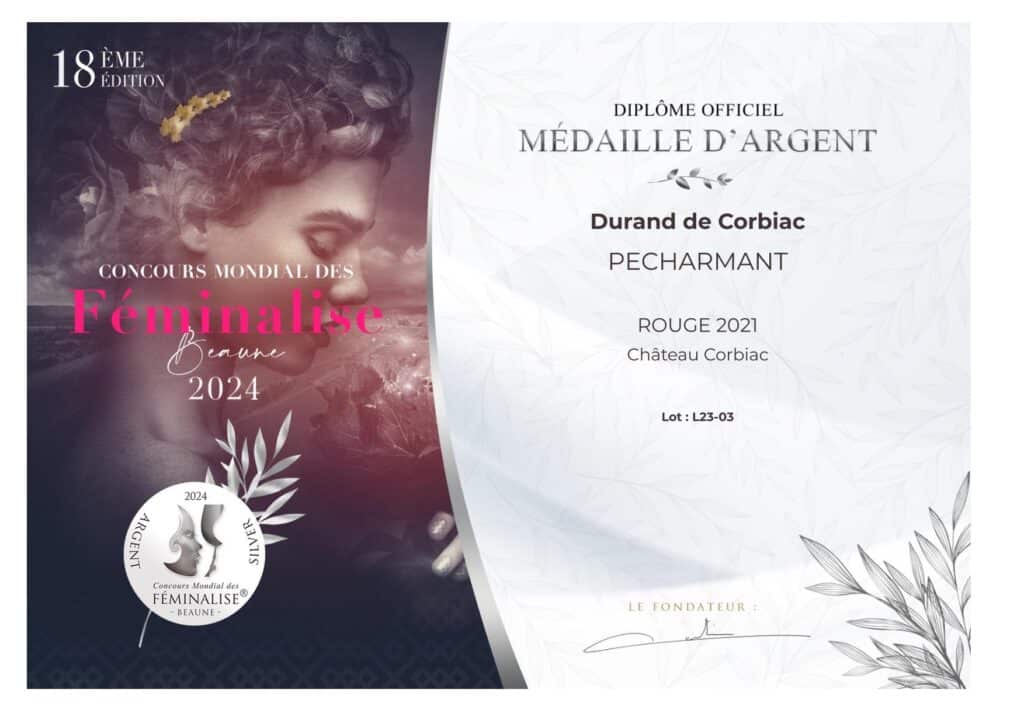 médaille d'argent décernée au Château Corbiac Pécharmant 2021