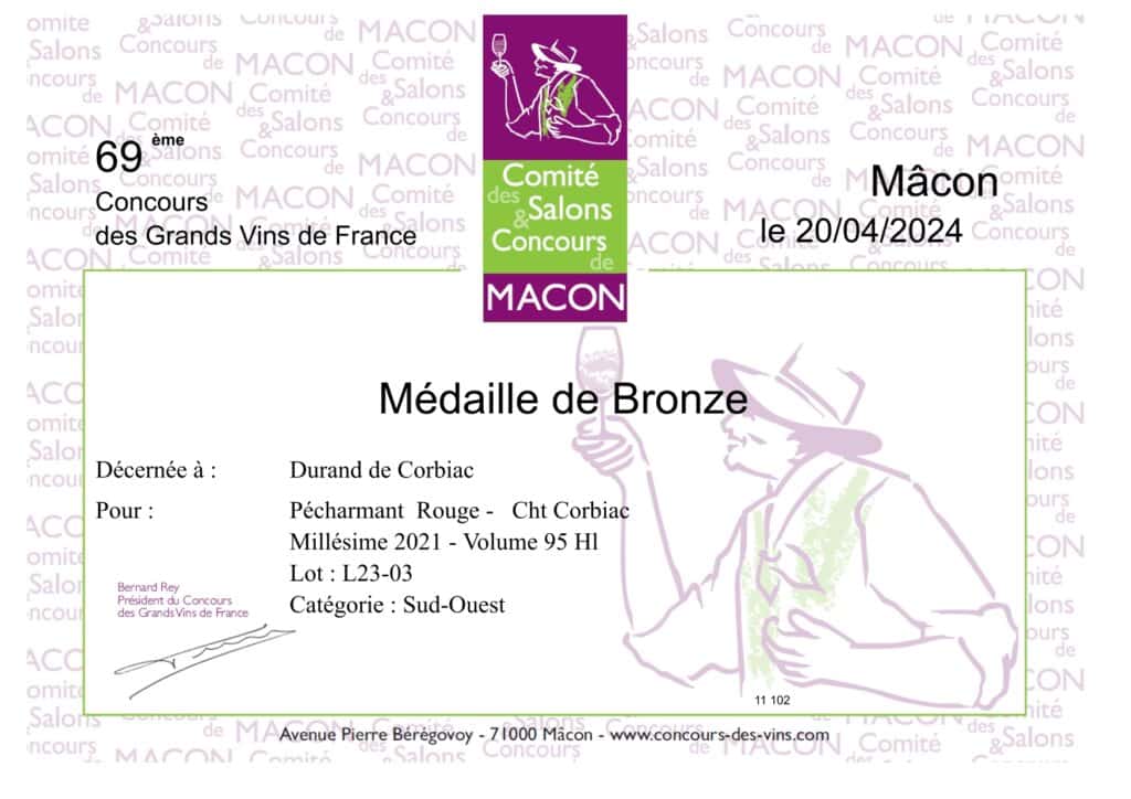 médaille décernée au Château Corbiac Pécharmant 2021